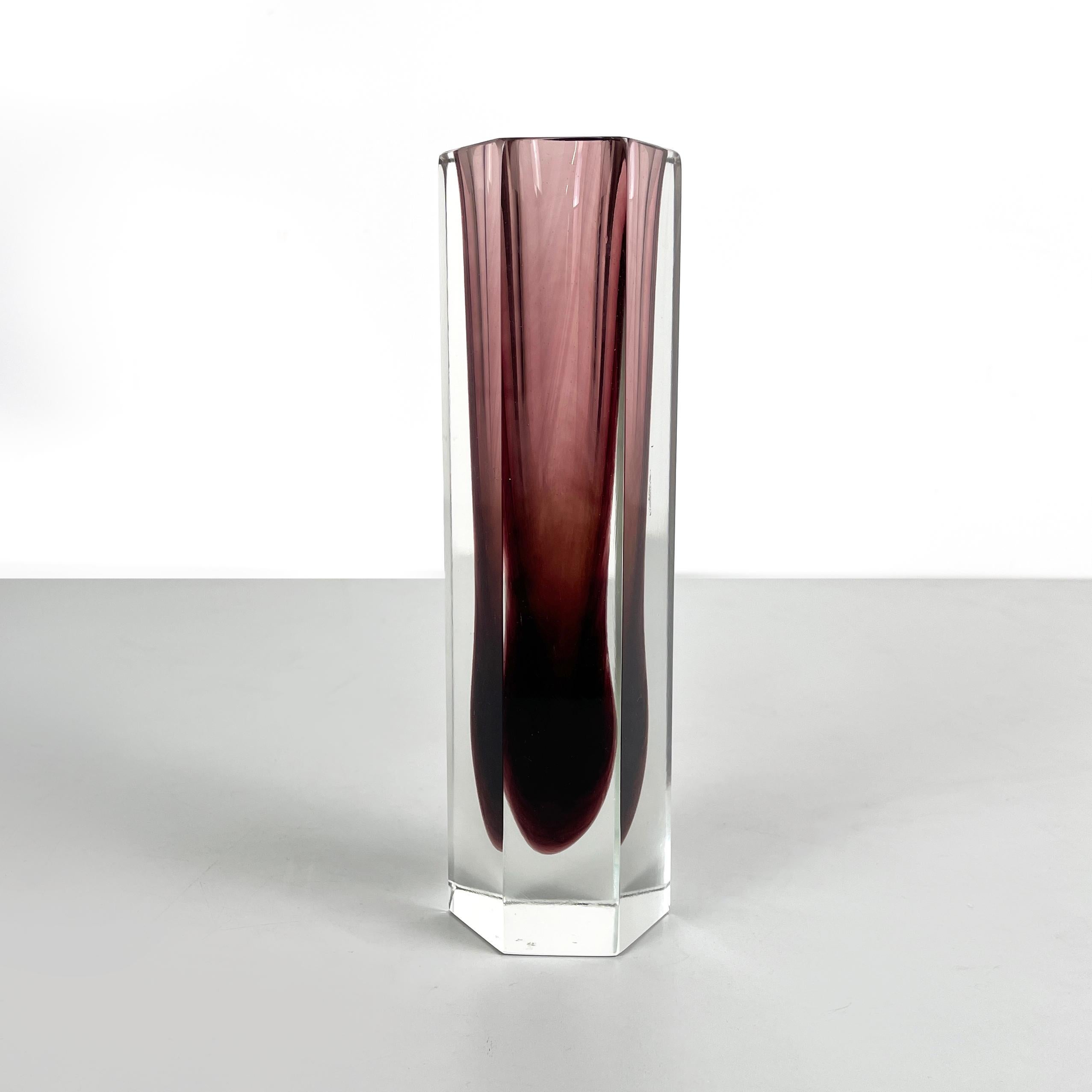 Modern Italian modern Hexagonal burgundy Murano glass vase by i Sommersi series, 1970s For Sale