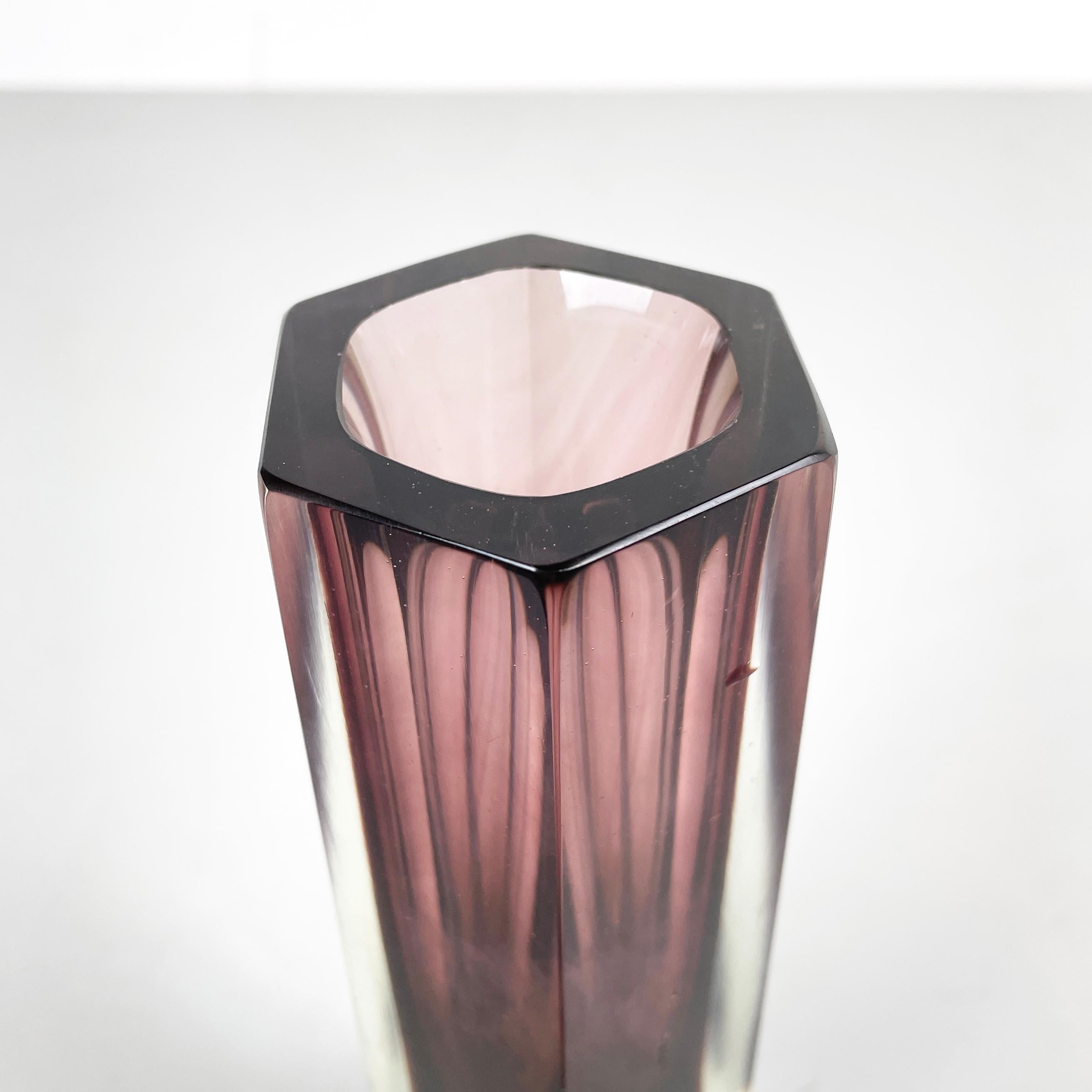 Late 20th Century Italian modern Hexagonal burgundy Murano glass vase by i Sommersi series, 1970s For Sale