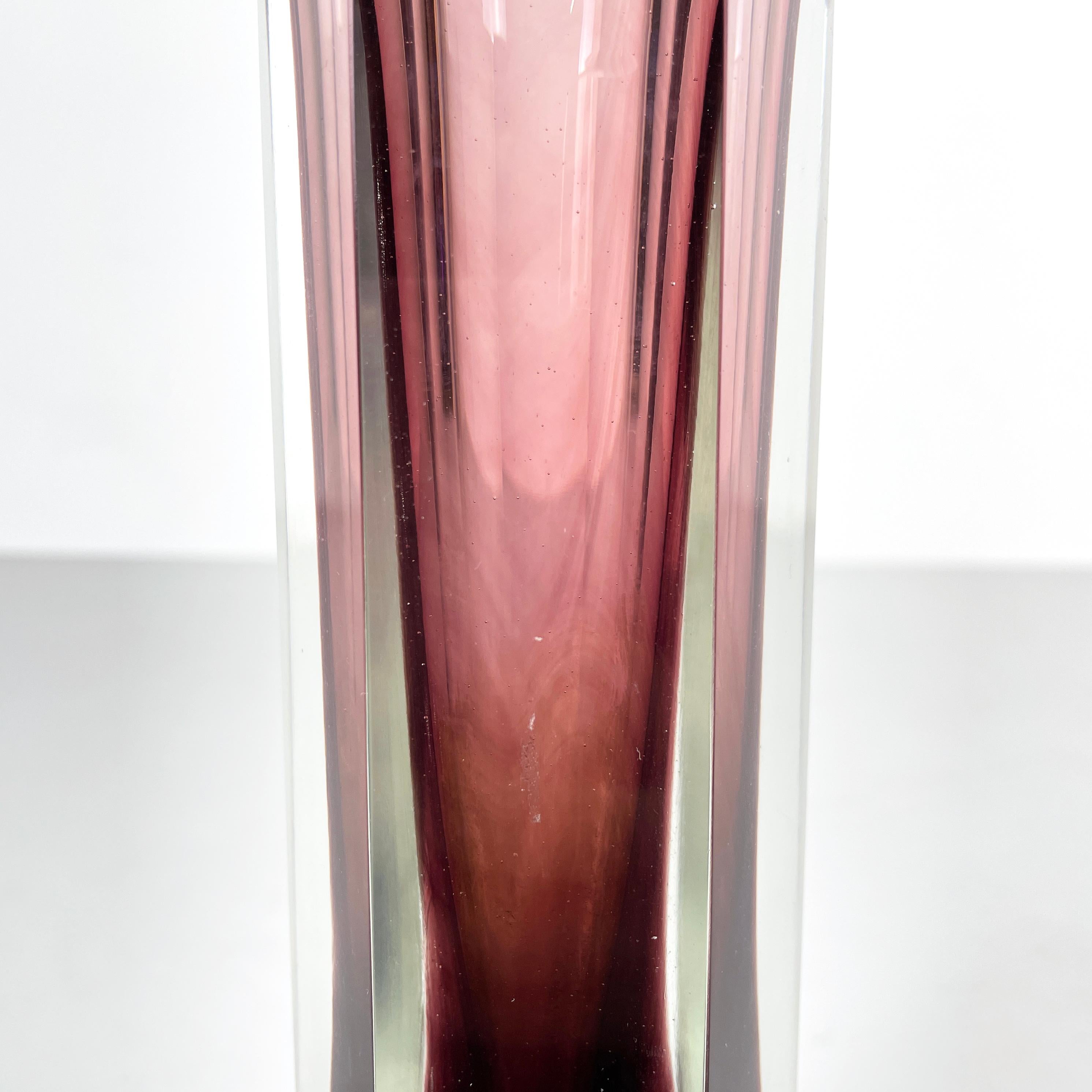 Murano Glass Italian modern Hexagonal burgundy Murano glass vase by i Sommersi series, 1970s For Sale