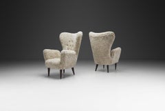 Italian Modern High-Back Armchairs with Sheepskin Upholstery, Italy 1960s