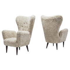Italian Modern High-Back Armchairs with Sheepskin Upholstery, Italy 1960s