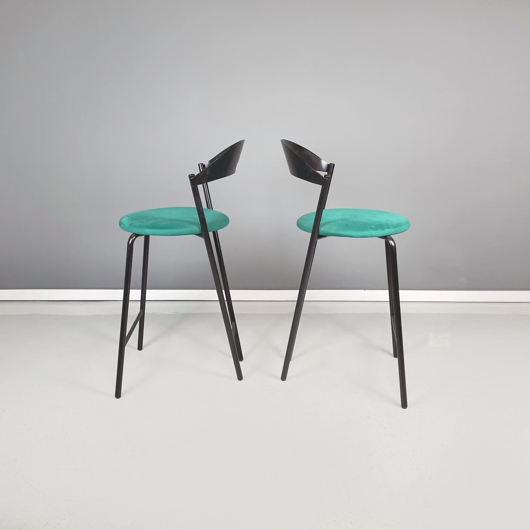 Italian Modern High Bar Stools by Fly Line in Black Metal Green Velvet, 1980s In Good Condition For Sale In MIlano, IT