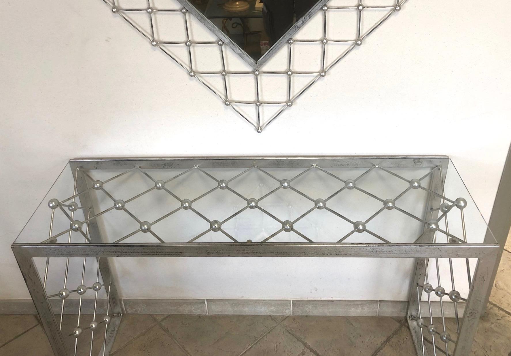 Brutalist Italian Modern Industrial Design Criss Cross Fretwork Iron Console / Entry Table For Sale