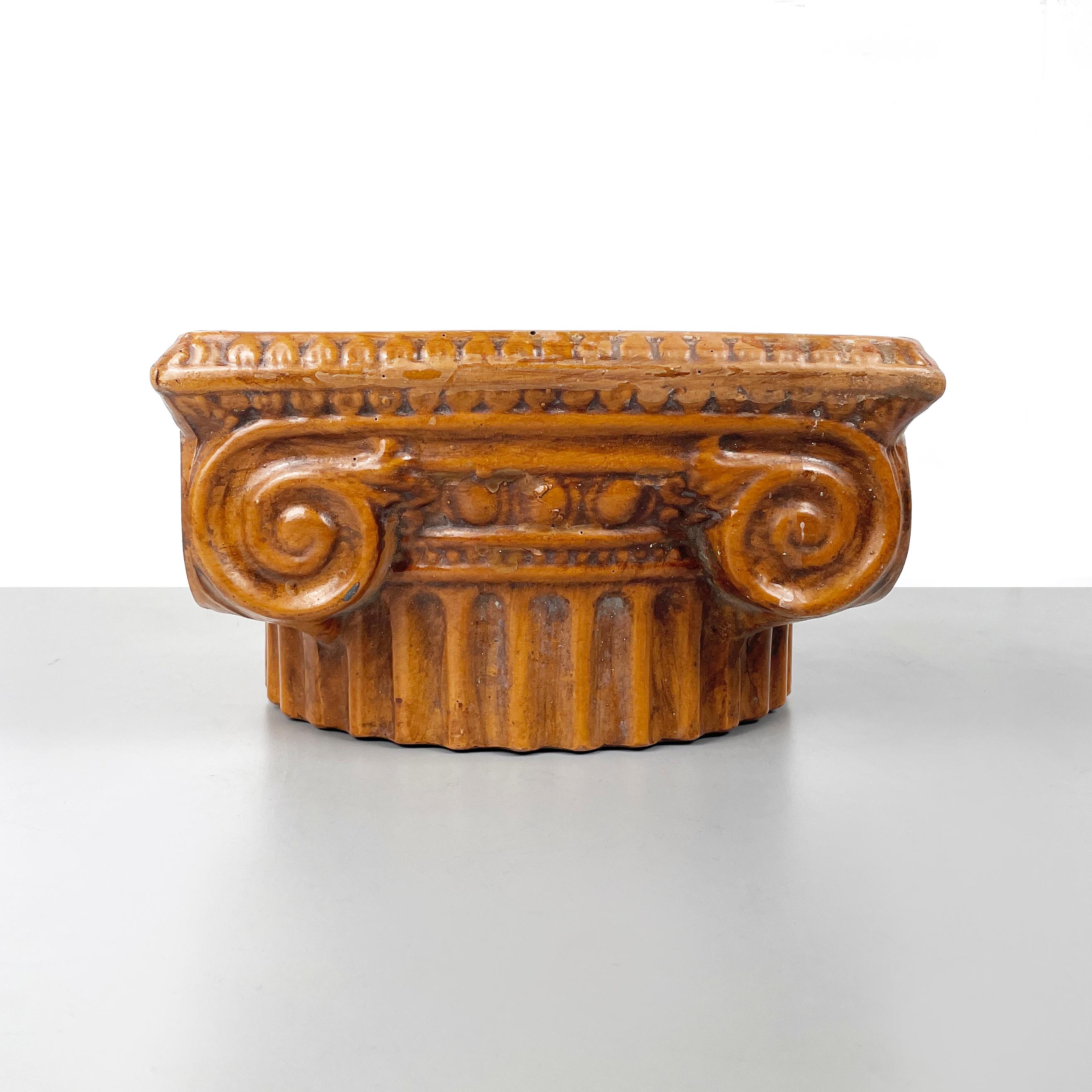 Modern Italian modern Ionic capital centerpiece bowl in brown ceramic, 1980s For Sale