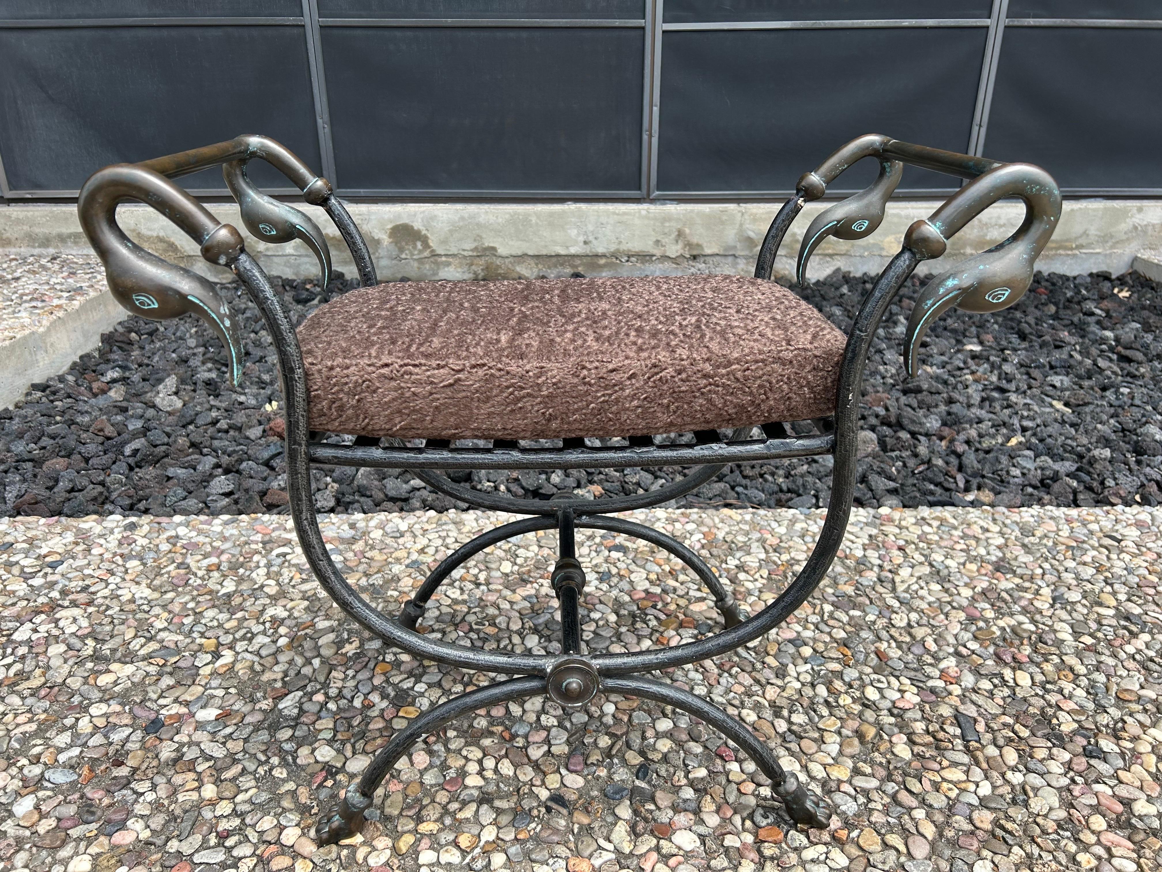 Italian Modern Iron And Bronze Bench.
Stunning Italian Hollywood Regency Heavy Weight Bench Of Iron With Beautiful Bronze Swan Handles. This versatile Italian bench would look great in a variety of interiors. We created a new upholstered cushion.