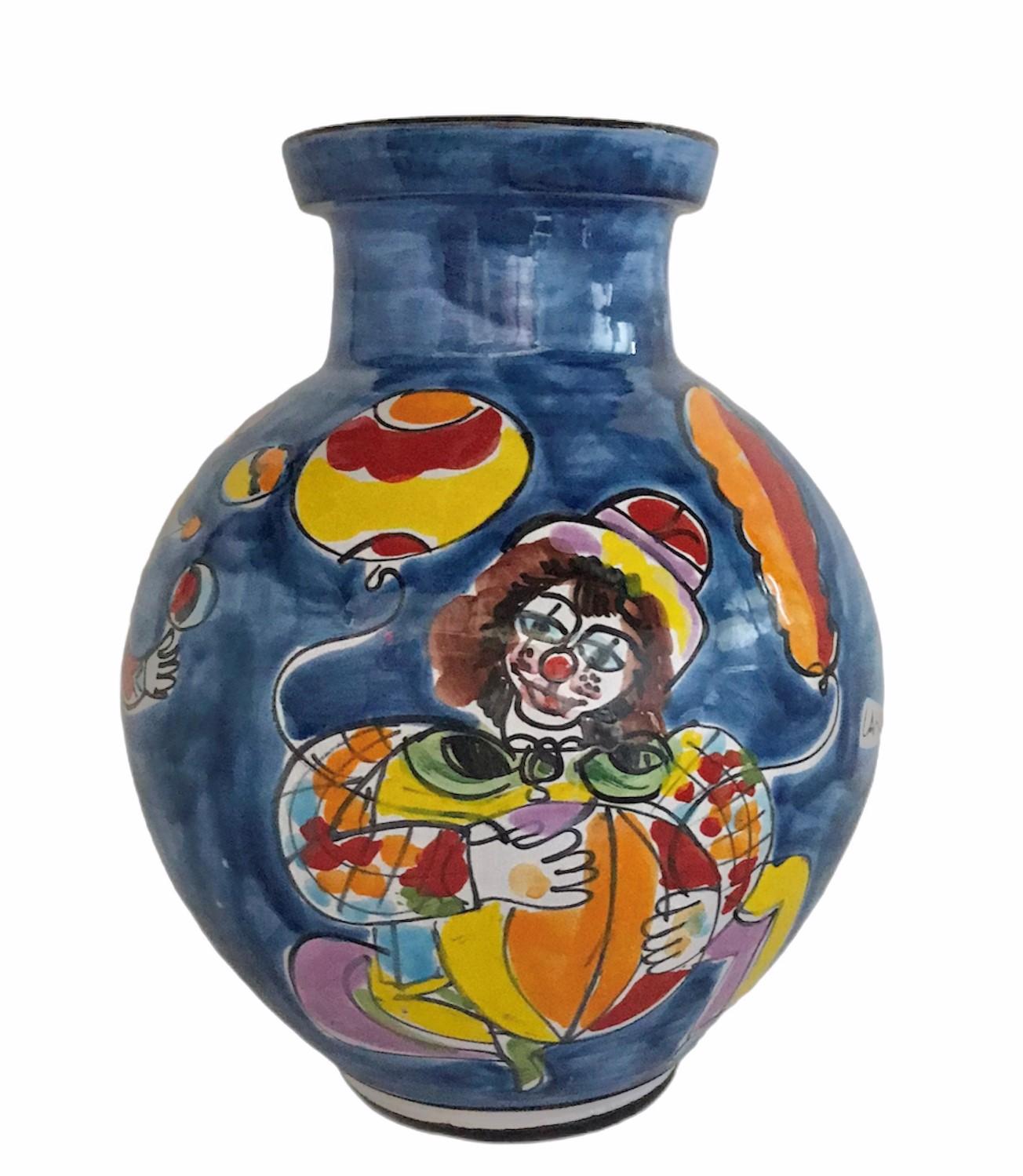 REDUCED FROM $595....La Musa large bulbous ceramic floor vase 1970s Italian Modern, Carnevale, produced for Saks Fifth Avenue. The colorful design is of Circus or Carnival characters - clown, juggler, musician and acrobats. Saks Fifth Ave foil label