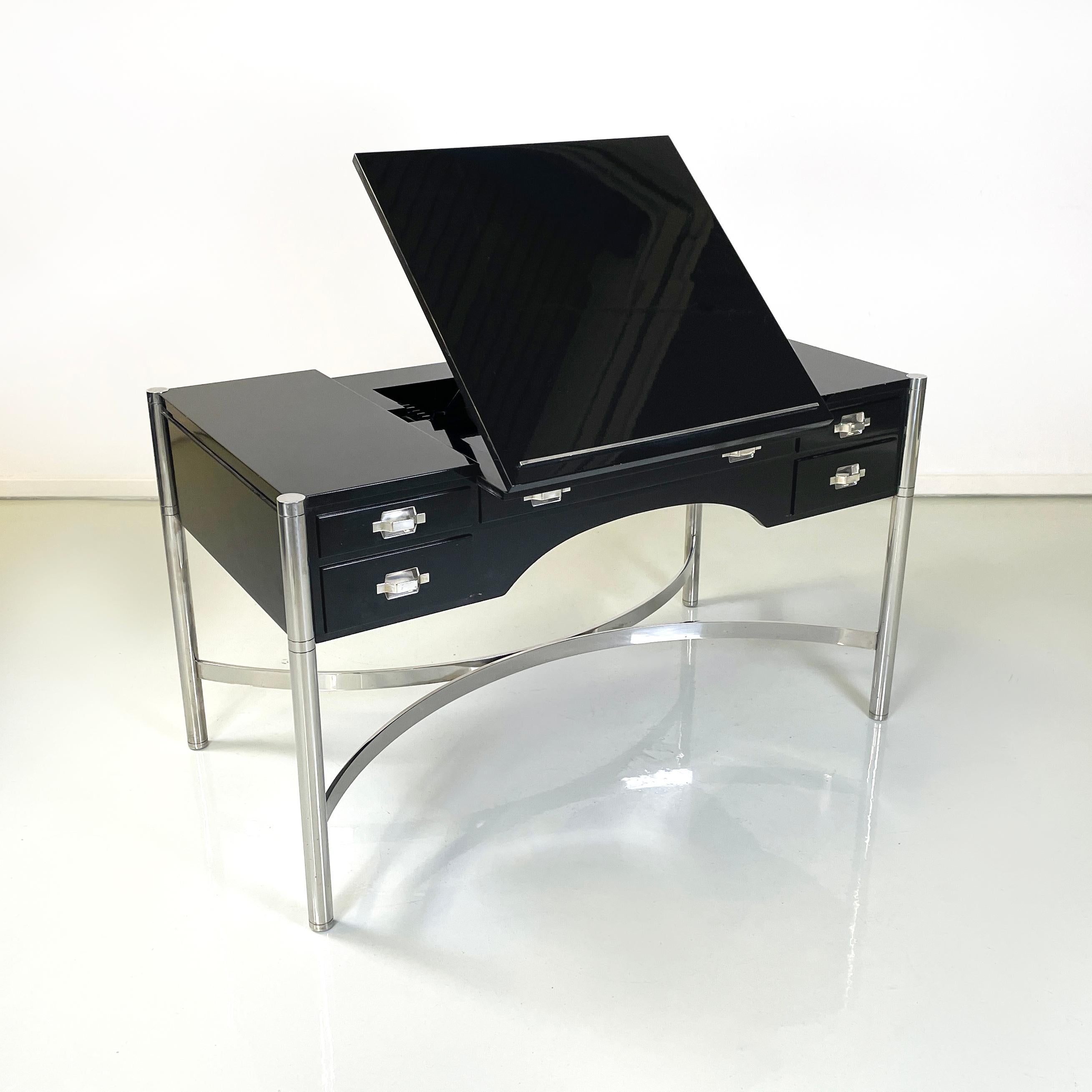 Italian modern Lacquered wood and chromed metal desk by  D.I.D., 1970s
Desk table with rectangular top in black lacquered wood. There is a writing desk with chromed metal detail on the bottom, which can be raised with 5 different degrees of