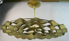 Italian Modern  Large Rippled Gilt Metal Semi Flushmount Ceiling Light 1960's