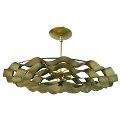 Italian Modern  Large Rippled Gilt Metal Semi Flushmount Ceiling Light 1960's