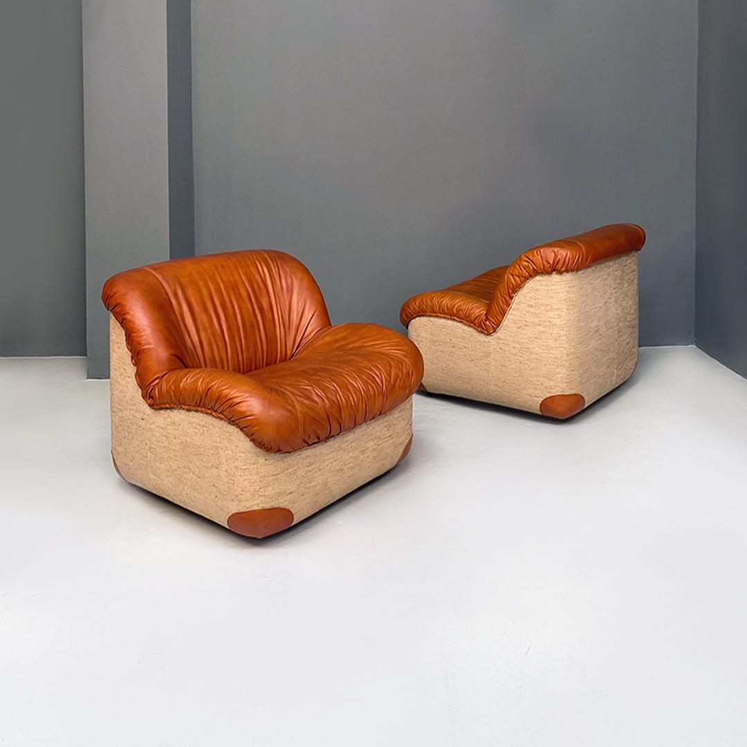 Italian modern leather and fabric lounge with armchairs and coffee table, 1970s 4