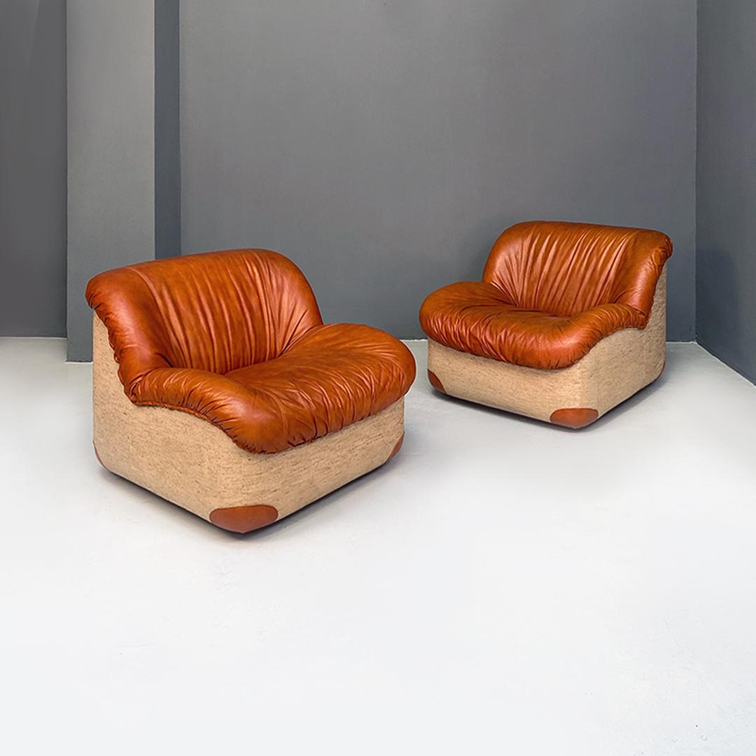Italian modern leather and fabric lounge with armchairs and coffee table, 1970s 5