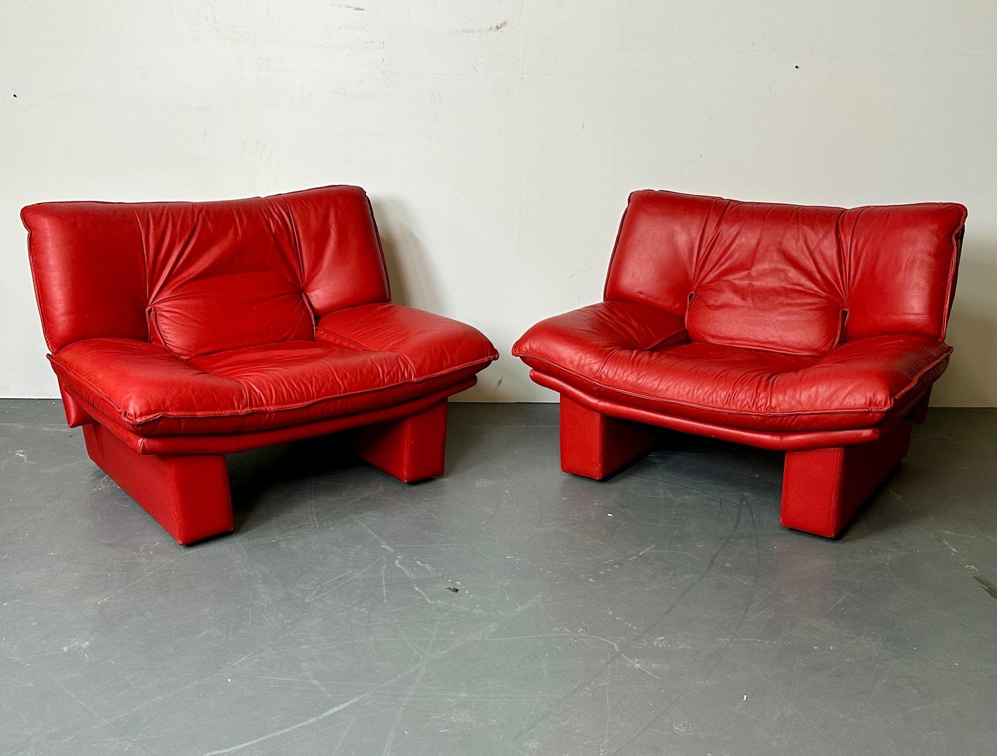 Italian Modern Leather Pair of Arm, Lounge Chairs, Bitonto, Red Leather 10