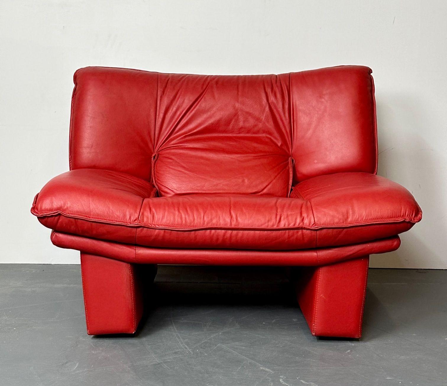 Italian Modern Leather Pair of Arm, Lounge Chairs, Bitonto, Red Leather 11
