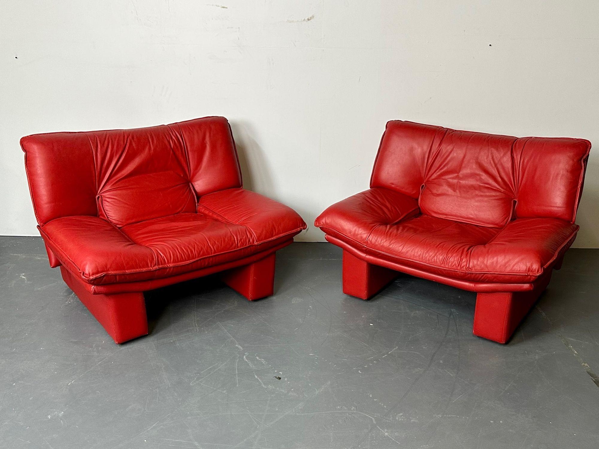 Italian Modern Leather Pair of Arm, Lounge Chairs, Bitonto, Red Leather. Matching sofa sold separately. 
 
Italian Leather Club Chairs, Living Room Set, Bitonto
 
Modern club chairs made in Italy with fine Italian leather, along with a separately