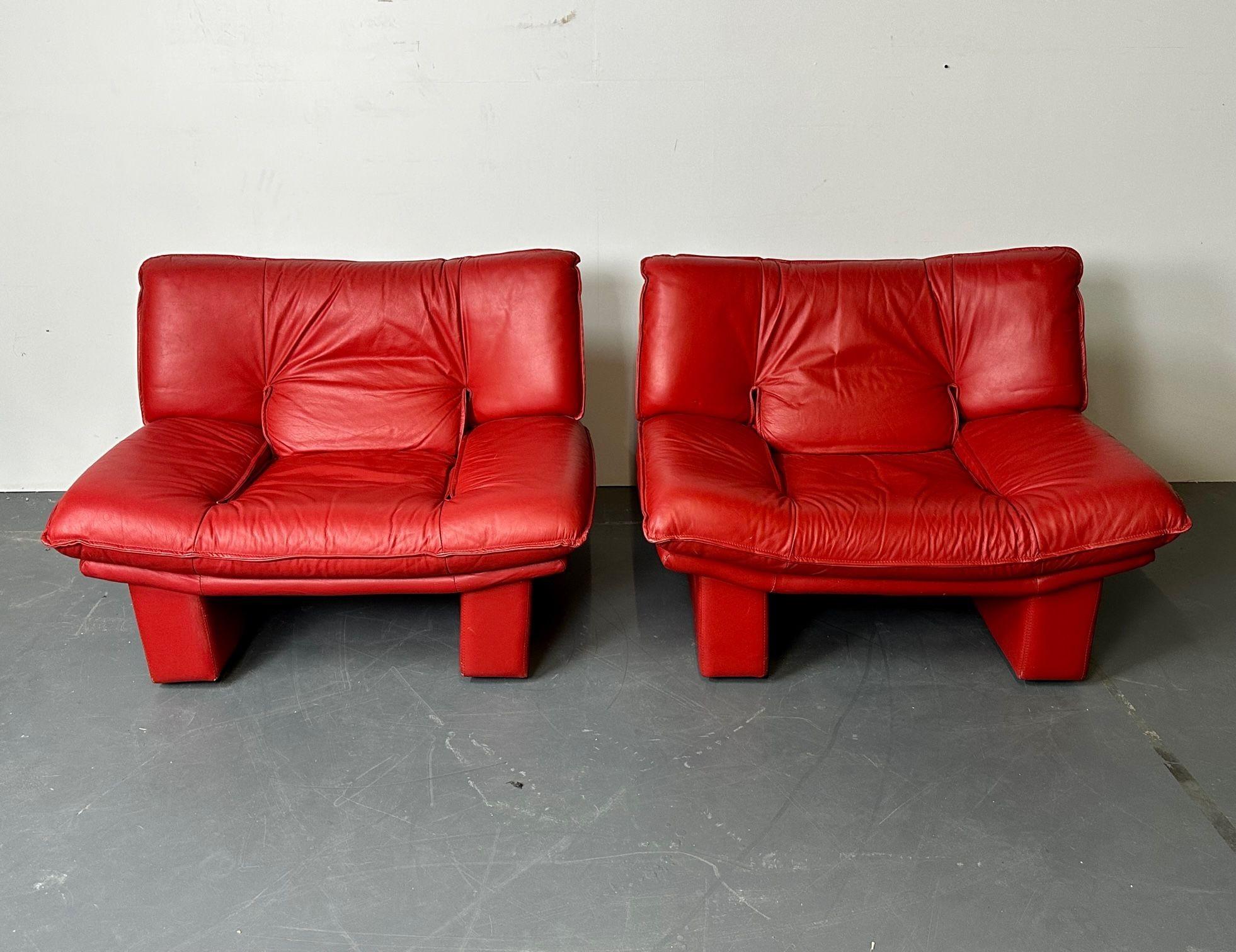 Contemporary Italian Modern Leather Pair of Arm, Lounge Chairs, Bitonto, Red Leather
