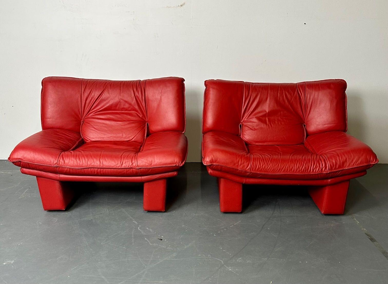 Italian Modern Leather Pair of Arm, Lounge Chairs, Bitonto, Red Leather 1