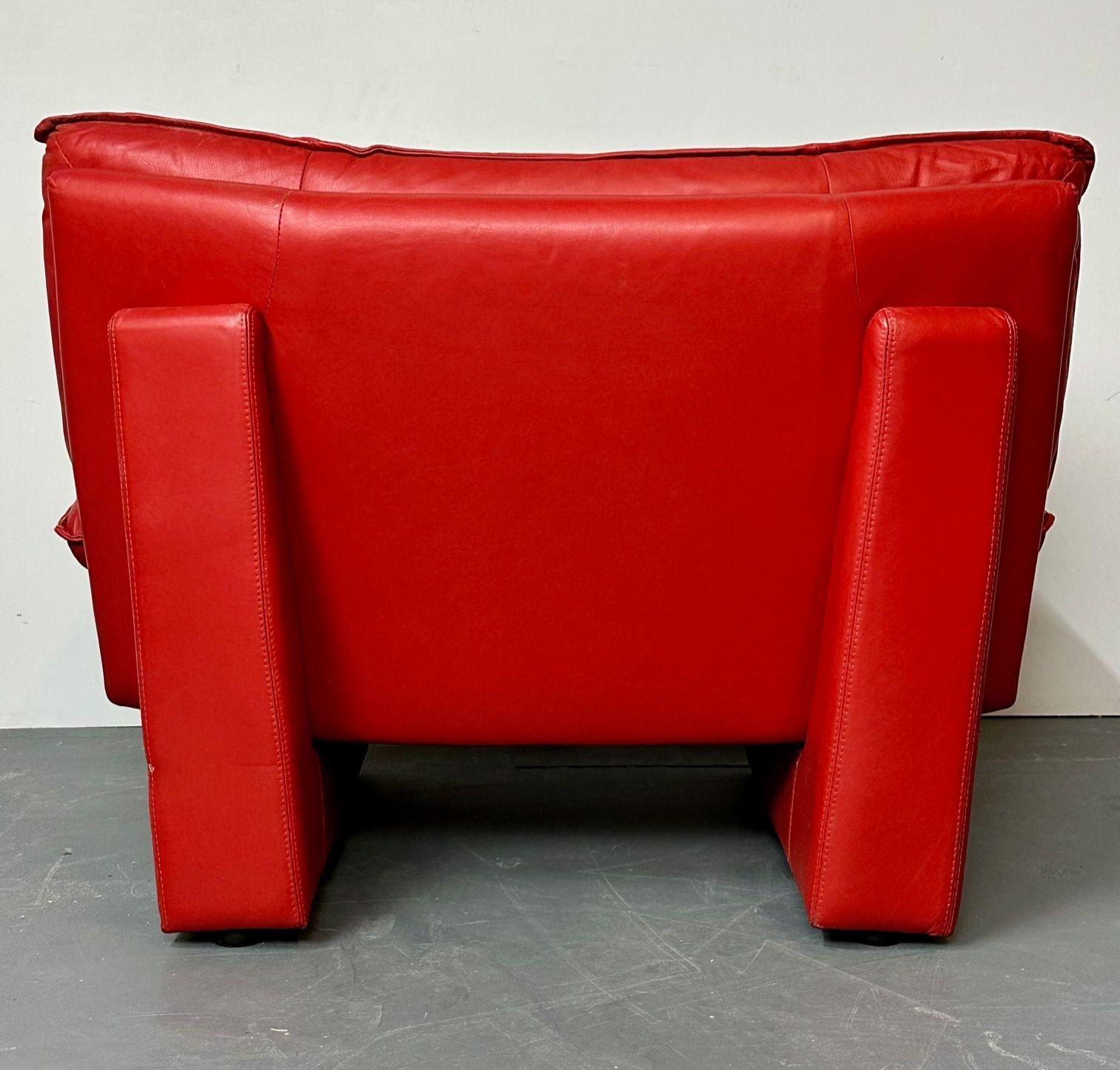 Italian Modern Leather Pair of Arm, Lounge Chairs, Bitonto, Red Leather 2