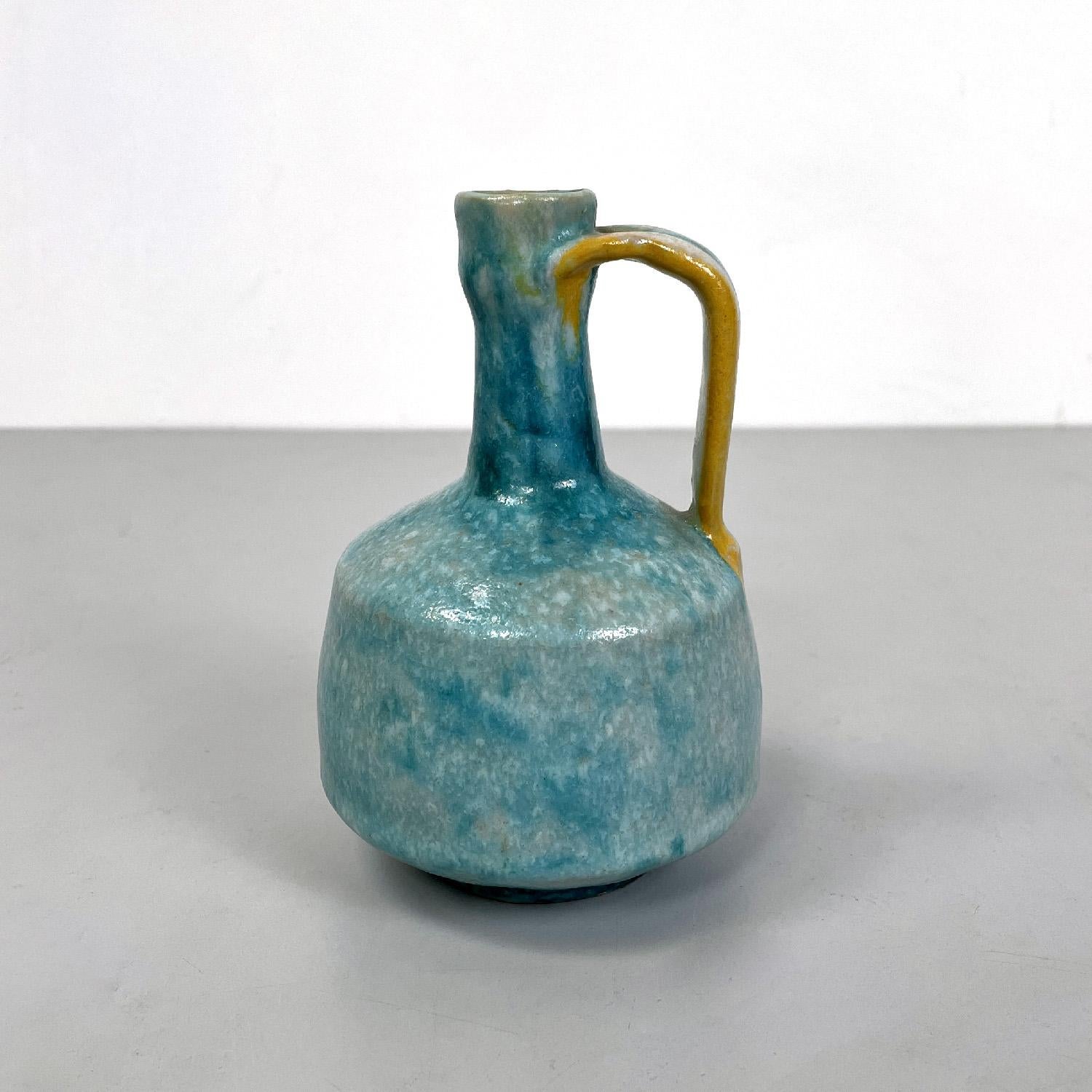 Late 20th Century Italian modern light blue and yellow ceramic vase by Bruno Gambone, 1970s For Sale