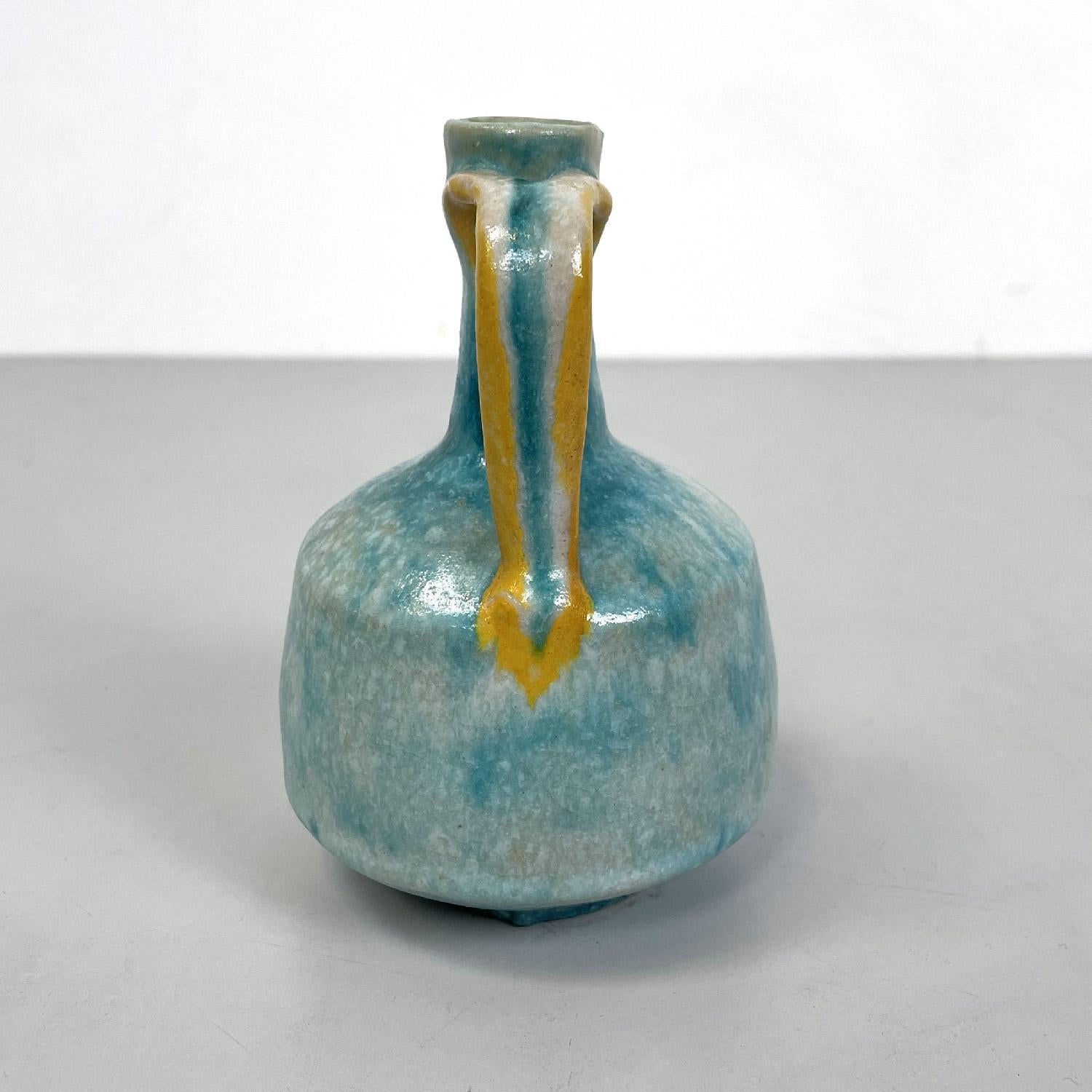 Ceramic Italian modern light blue and yellow ceramic vase by Bruno Gambone, 1970s For Sale