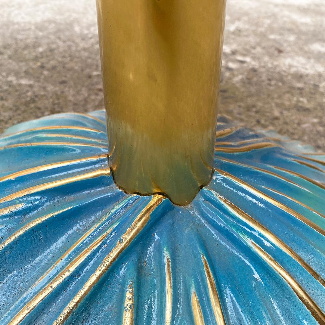 Post-Modern Italian Modern Light Blue Table, Brass and Ceramic with Engraved Design 1980