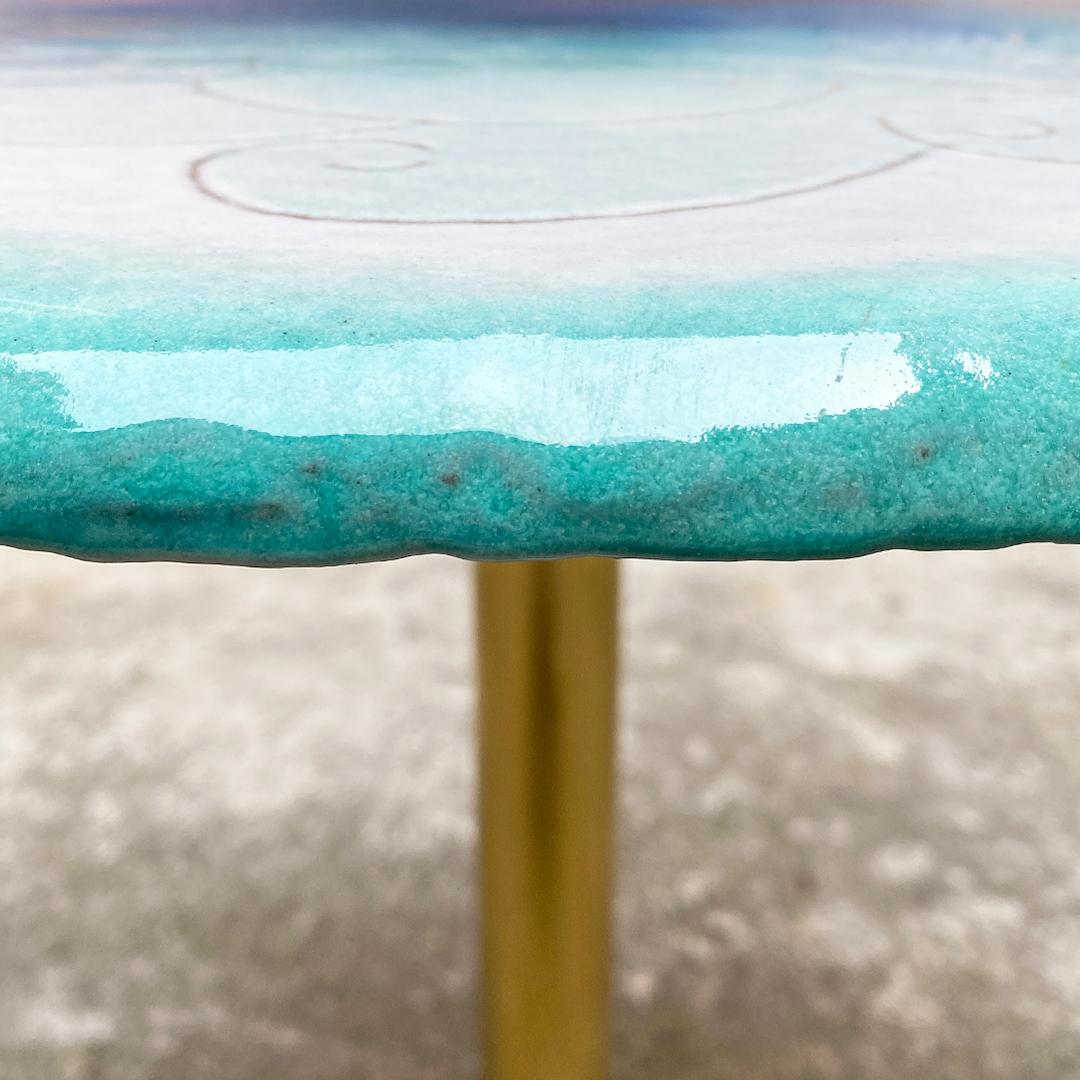 Italian Modern Light Blue Table, Brass and Ceramic with Engraved Design 1980 In Good Condition In MIlano, IT