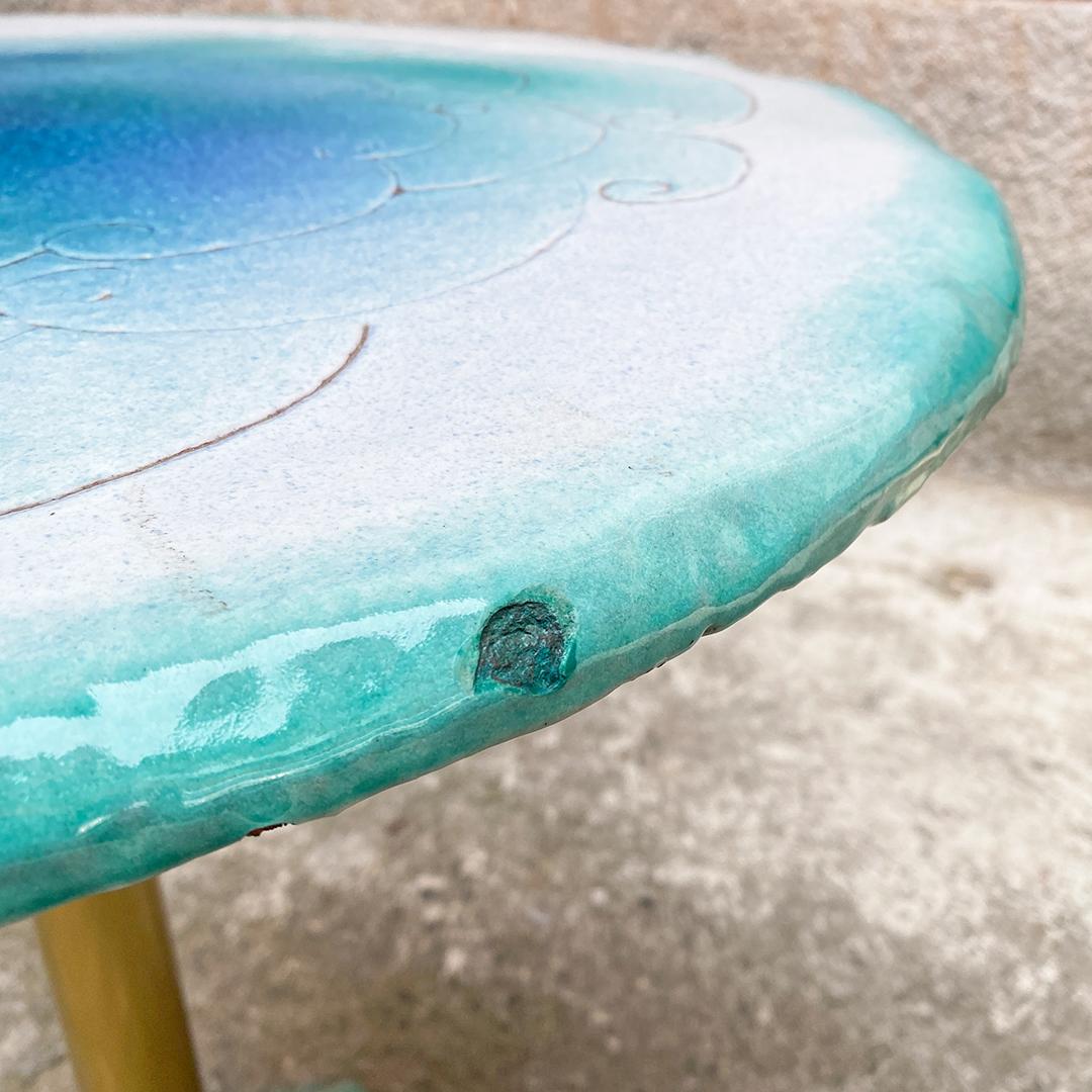 Italian Modern Light Blue Table, Brass and Ceramic with Engraved Design 1980 1