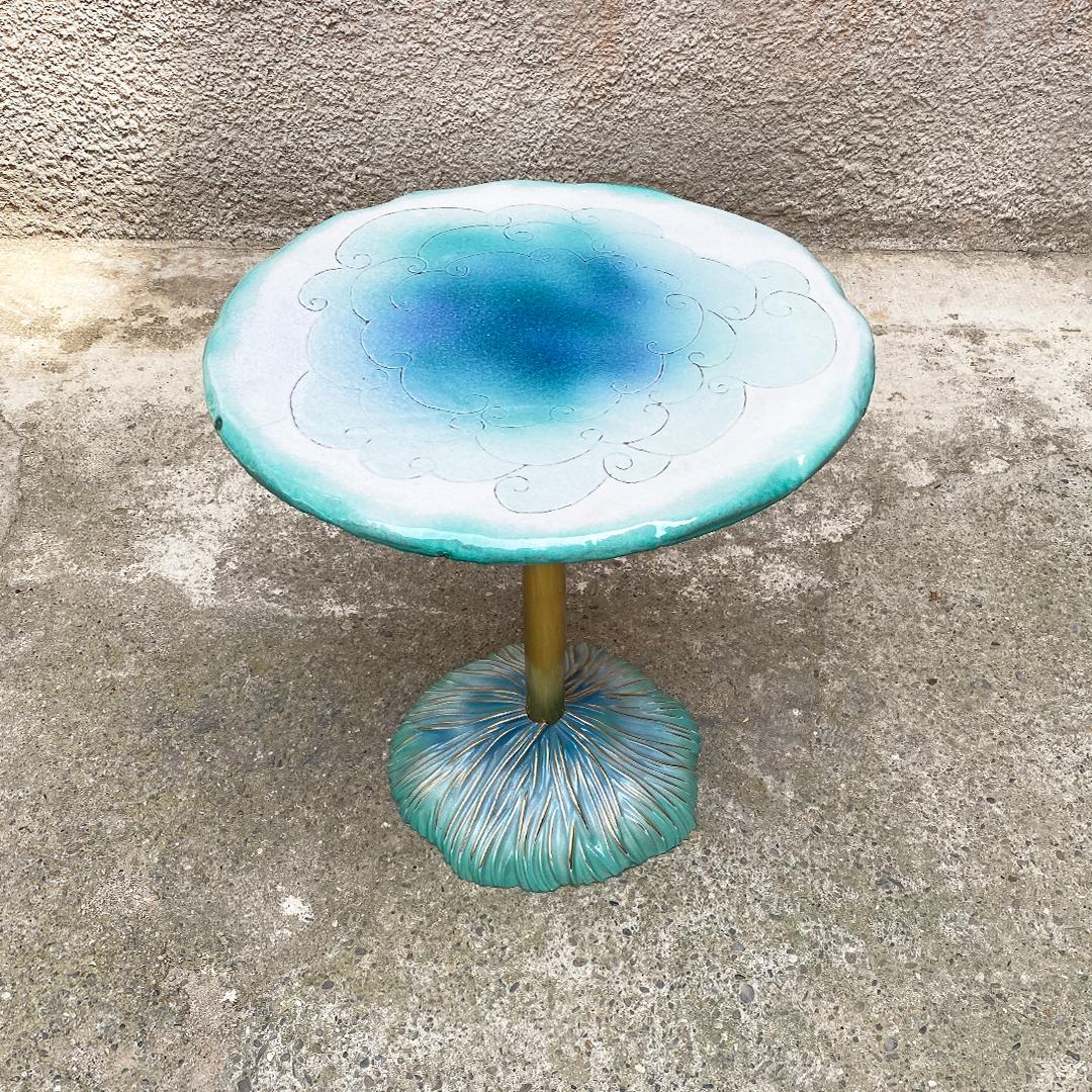 Italian Modern Light Blue Table, Brass and Ceramic with Engraved Design 1980 3
