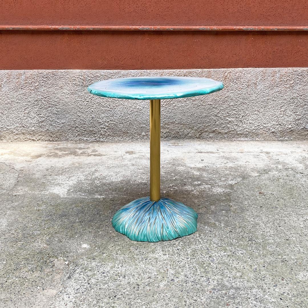 Italian Modern Light Blue Table, Brass and Ceramic with Engraved Design 1980 4