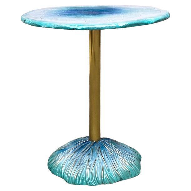 Italian Modern Light Blue Table, Brass and Ceramic with Engraved Design 1980