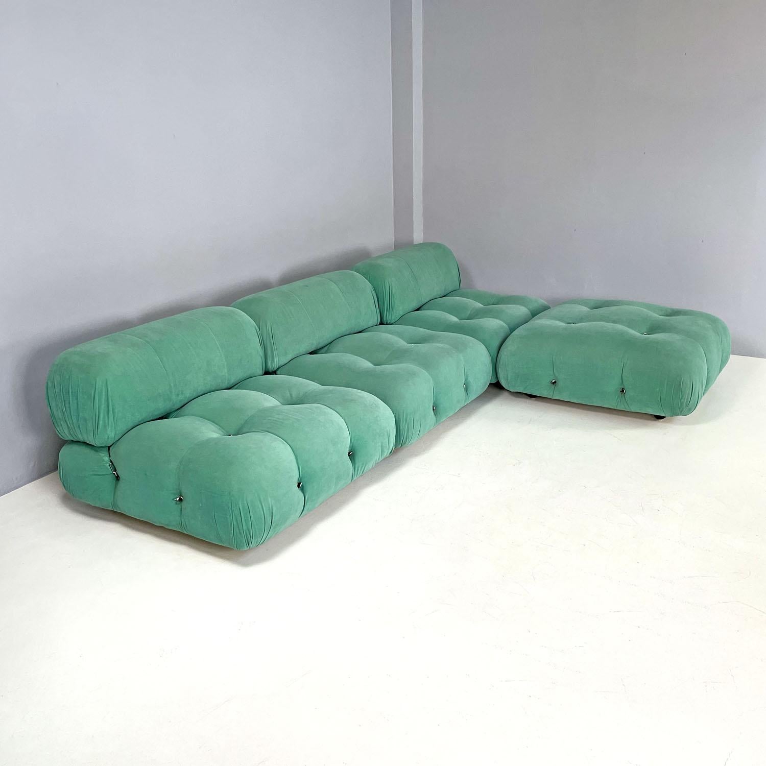 Italian modern light teal velvet sofa Camaleonda Mario Bellini B&B Italia, 1970s
Modular sofa mod. Camaleonda entirely padded and covered in light teal velvet. The rounded backrests are fixed to the seats with black plastic laces which, using a