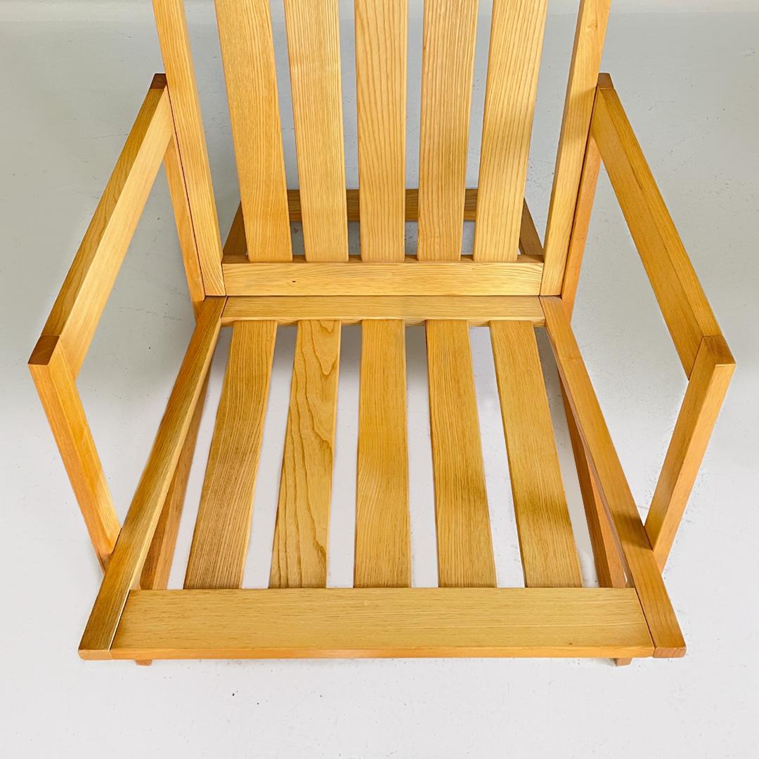 Italian modern light wood armchair with armrests and wooden slats , 1980s In Good Condition For Sale In MIlano, IT