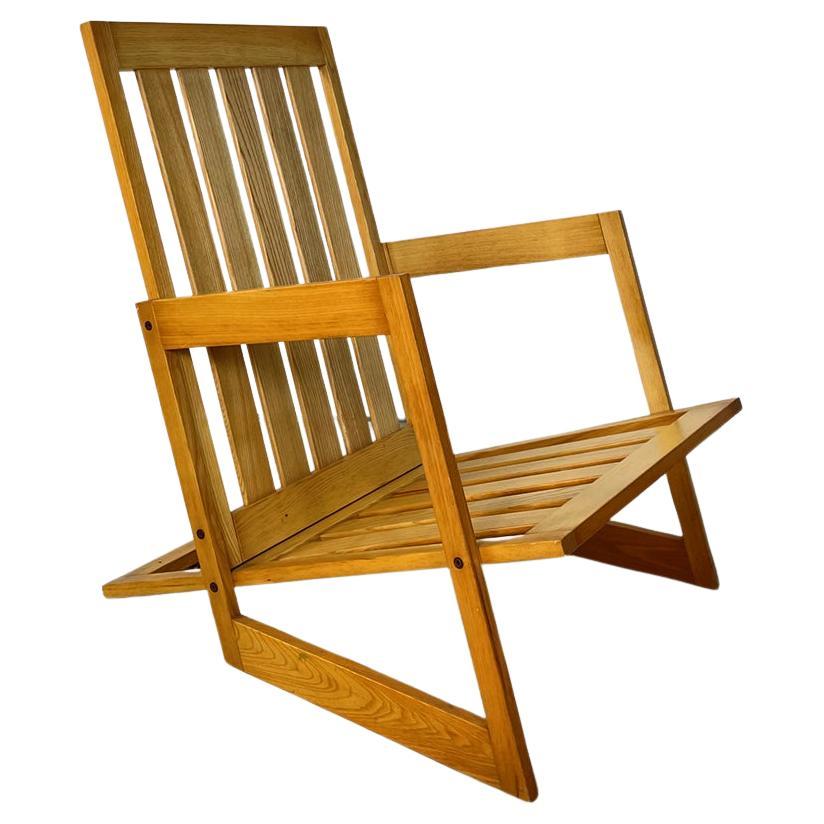 Italian modern light wood armchair with armrests and wooden slats , 1980s For Sale