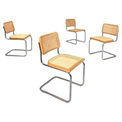 Italian modern light wood Vienna straw and chromed metal chairs, 1970s