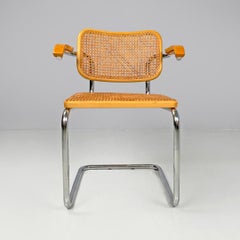 Silla moderna italiana de madera clara Viena de paja con estructura de metal cromado, años 70
