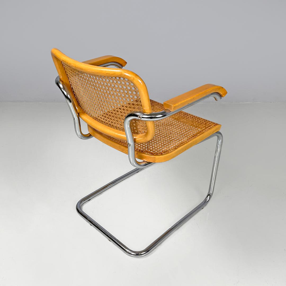 Italian modern light wood Vienna straw chair with chromed metal structure, 1970s In Good Condition For Sale In MIlano, IT