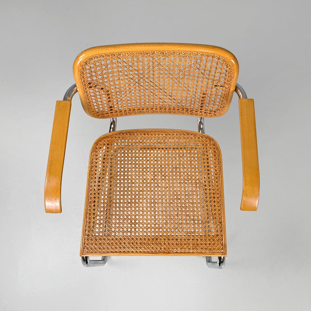 Metal Italian modern light wood Vienna straw chair with chromed metal structure, 1970s For Sale