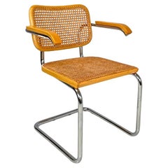 Silla moderna italiana de madera clara Viena de paja con estructura de metal cromado, años 70