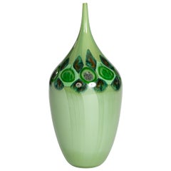 Italian Modern Lime Green Murano Glass Vase with Murrines, Signed Afro Celotto