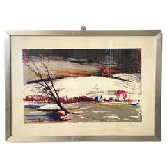 Italian modern Lithographic print of winter landscape in metal frame, 1970s