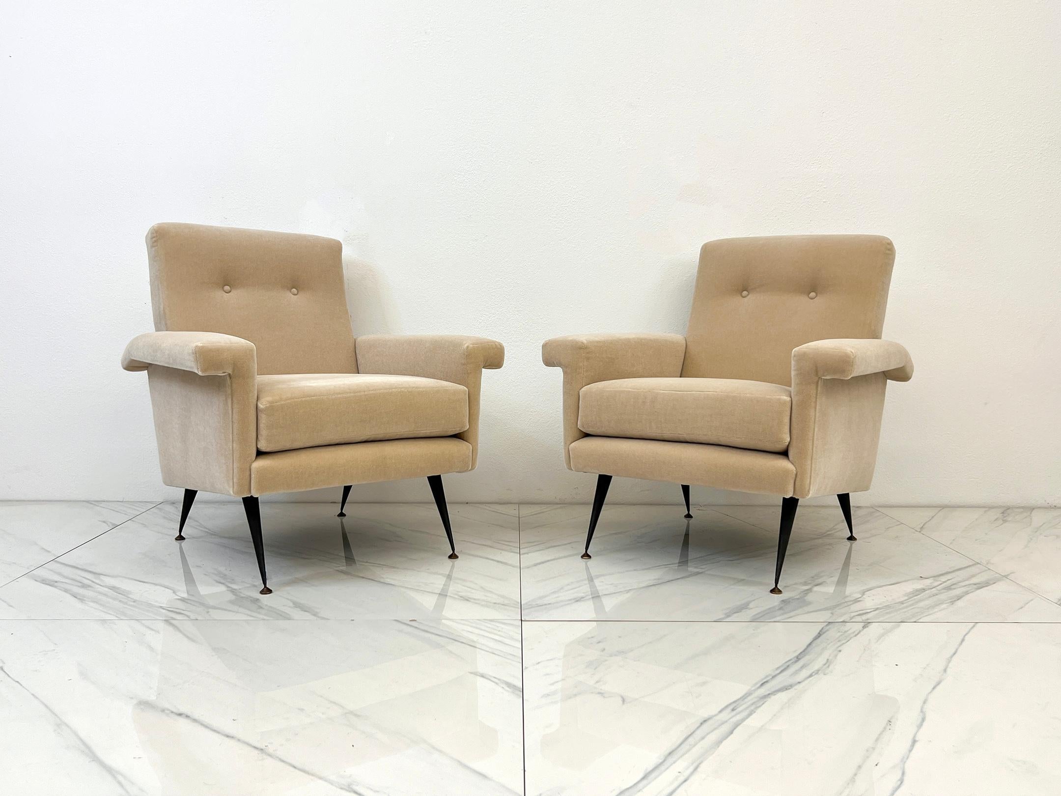 Metal Italian Modern Lounge Chairs in Mohair, A Pair, 1960's