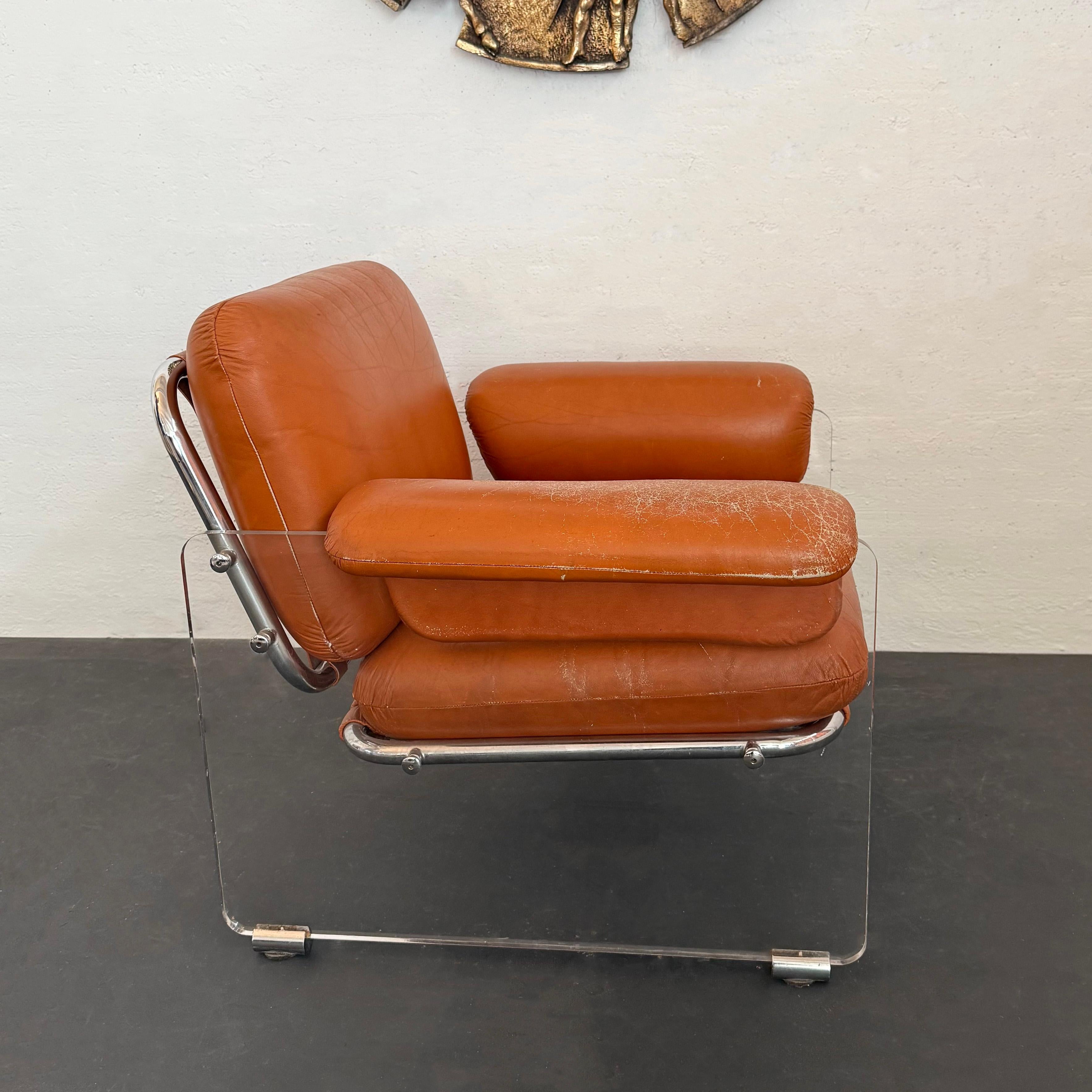 20th Century Italian Modern Lucite And Leather Lounge Club Chair By Polflex Artegna For Sale