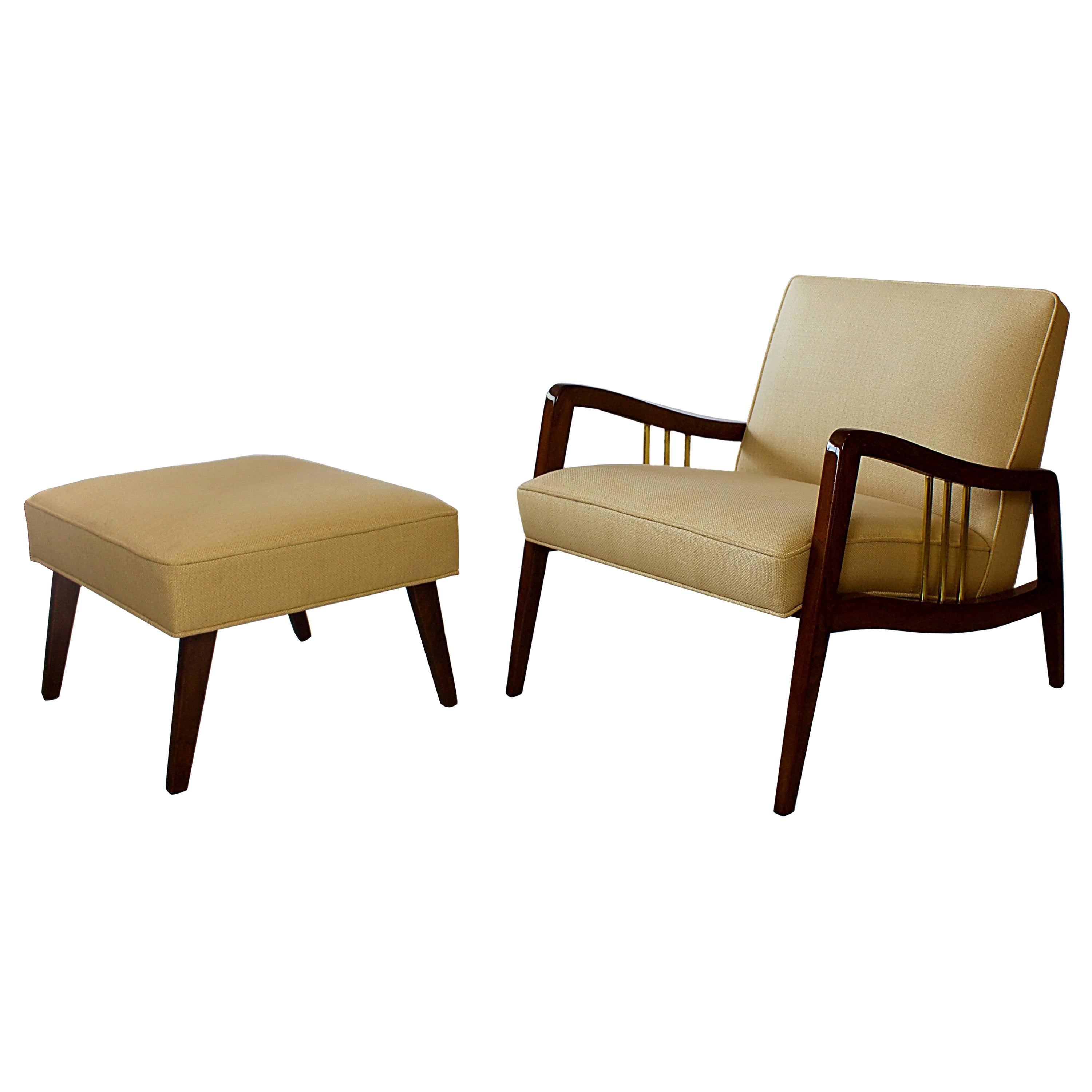 Italian Modern Mahogany and Brass Lounge Chair and Ottoman, Dassi