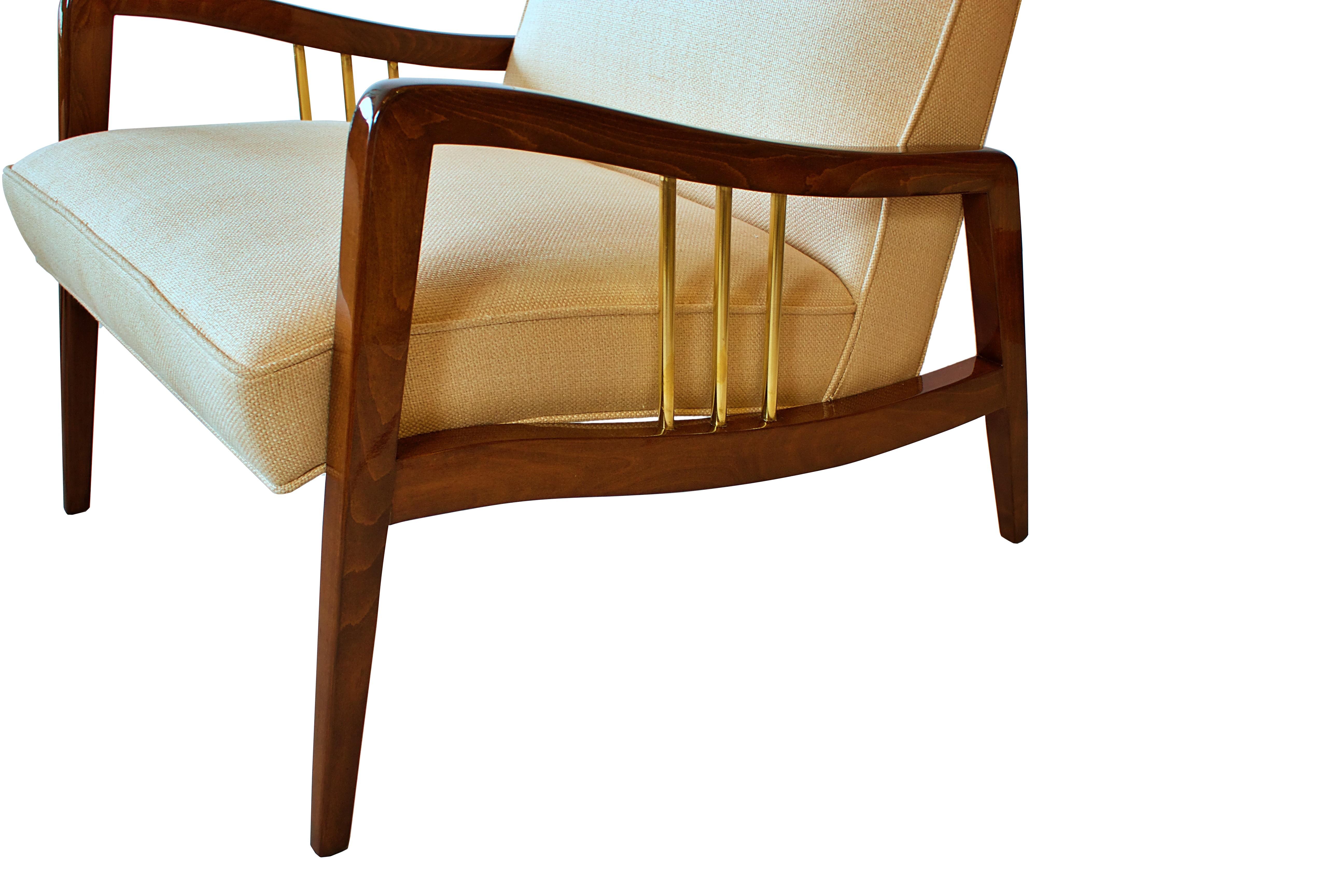 Mid-Century Modern Italian Modern Mahogany and Brass Lounge Chair and Ottoman, Dassi