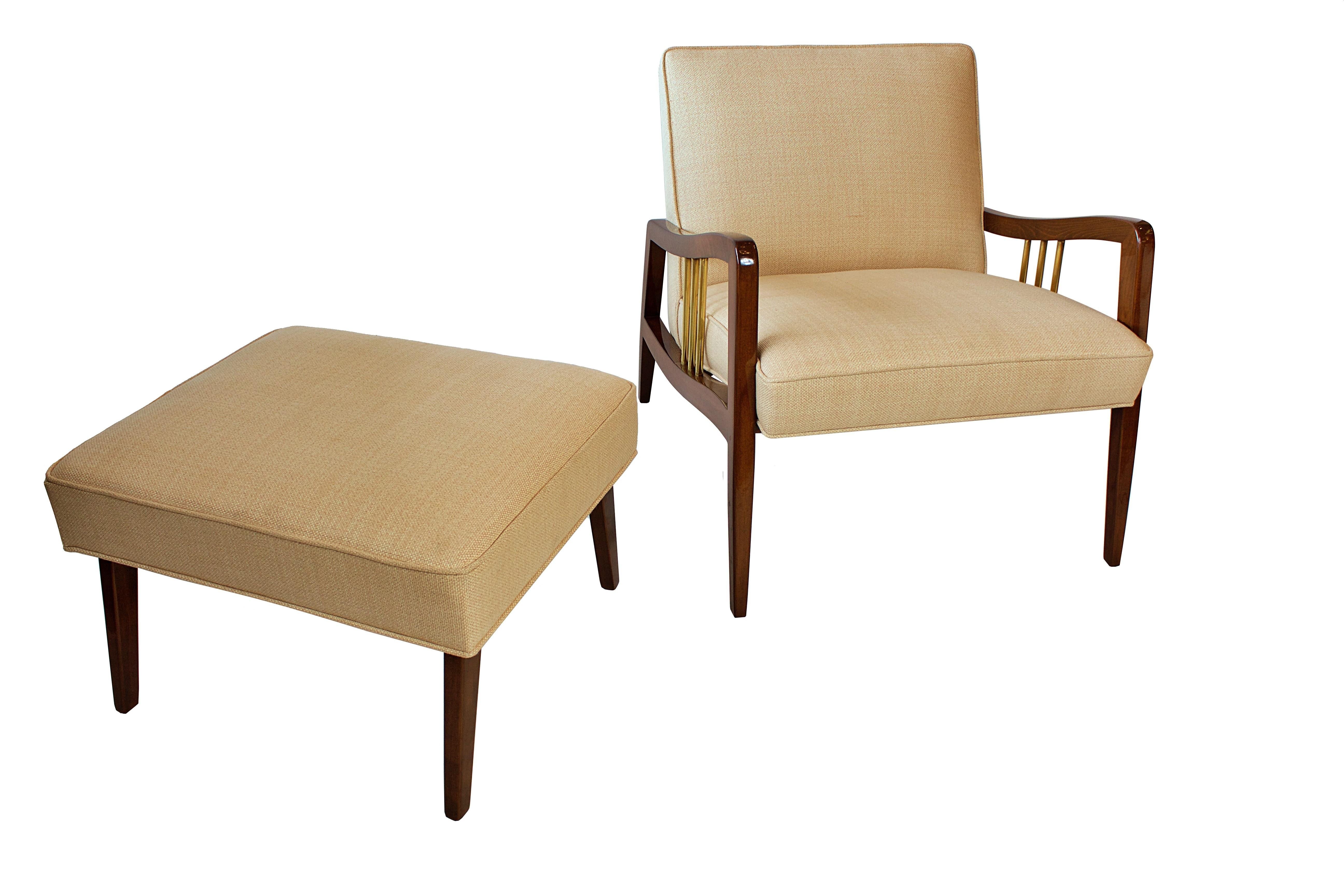 Italian Modern Mahogany and Brass Lounge Chair and Ottoman, Dassi In Excellent Condition In Hollywood, FL