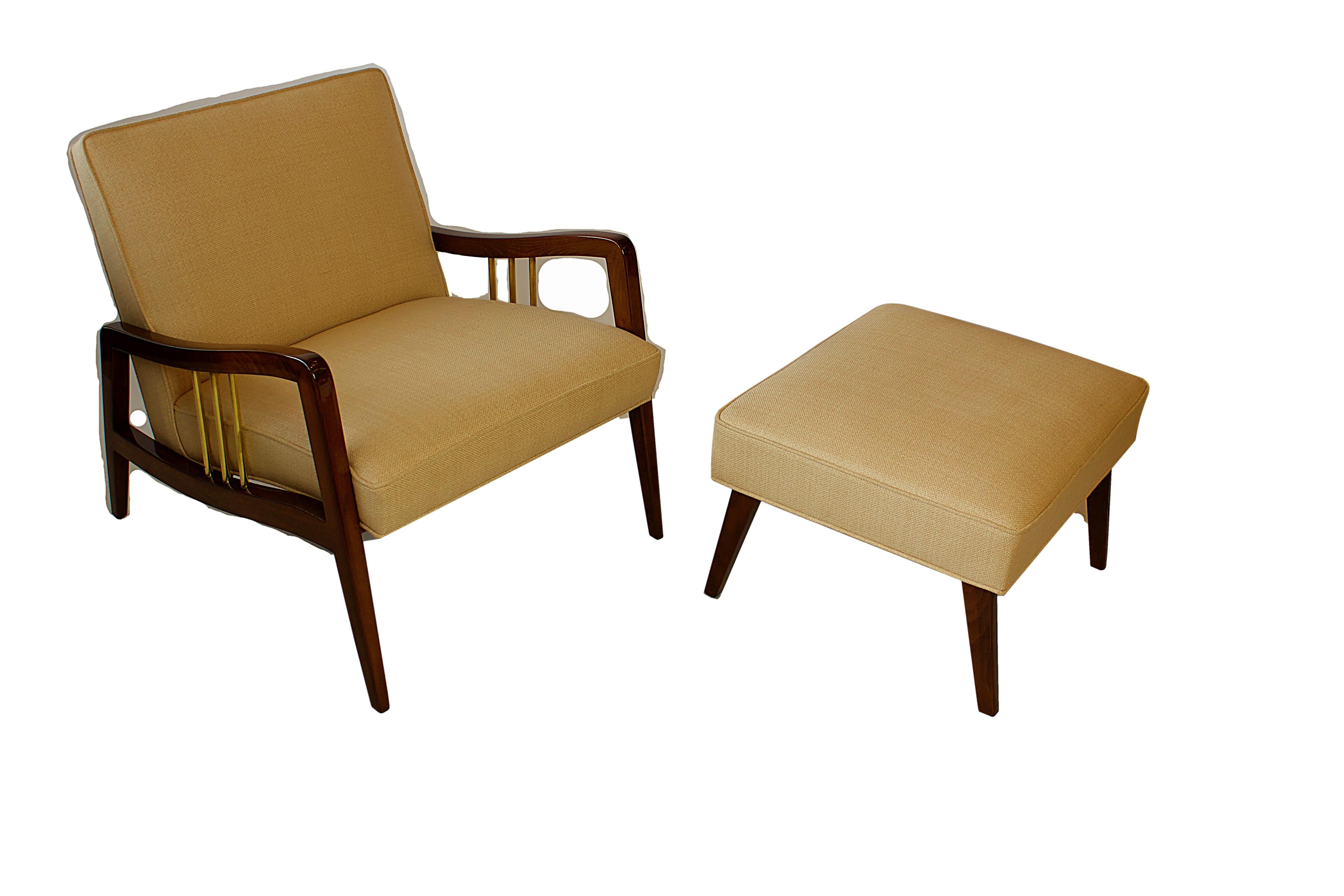 Italian Modern Mahogany and Brass Lounge Chair and Ottoman, Dassi 1