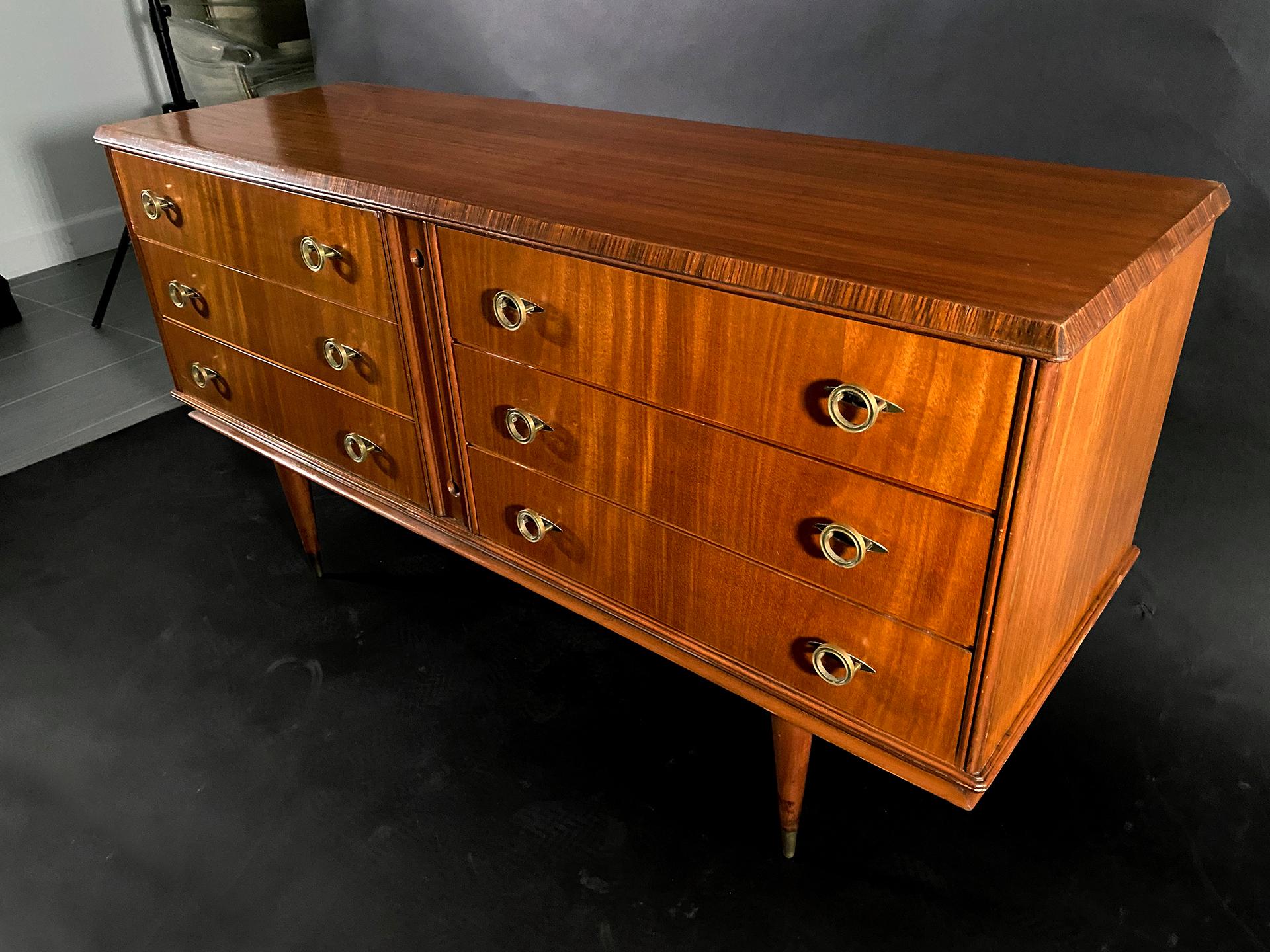 Mid-Century Modern Italian Modern Mahogany and Bronze 6 Drawer Chest, Vittorio Dassi