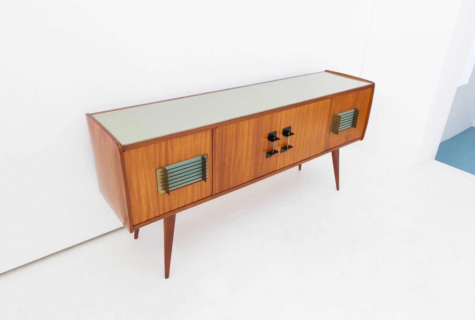 Italian Modern Mahogany Glass Iron and Brass Credenza, 1950s  In Excellent Condition In Rome, IT