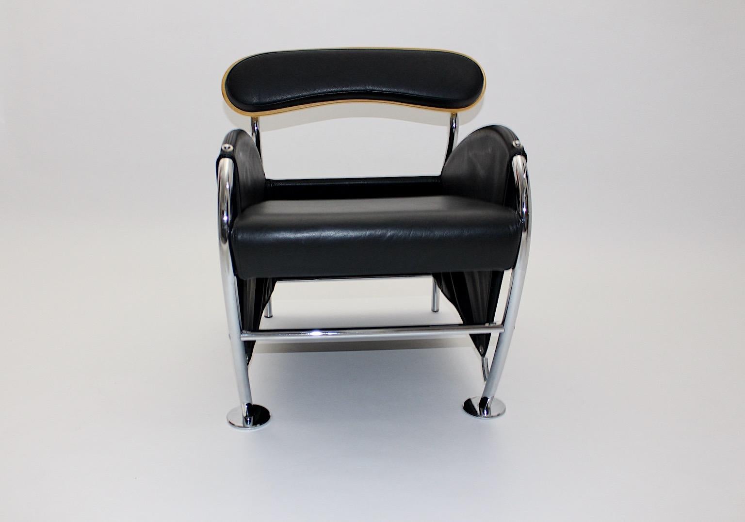 Italian Modern Memphis Style Arm Chair Black Leather Chrome Massimo Iosa Ghini For Sale 4