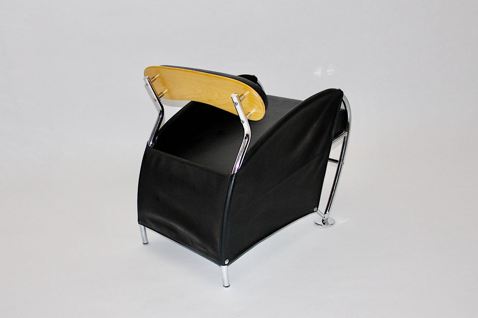 Italian Modern Memphis Style Arm Chair Black Leather Chrome Massimo Iosa Ghini In Good Condition For Sale In Vienna, AT