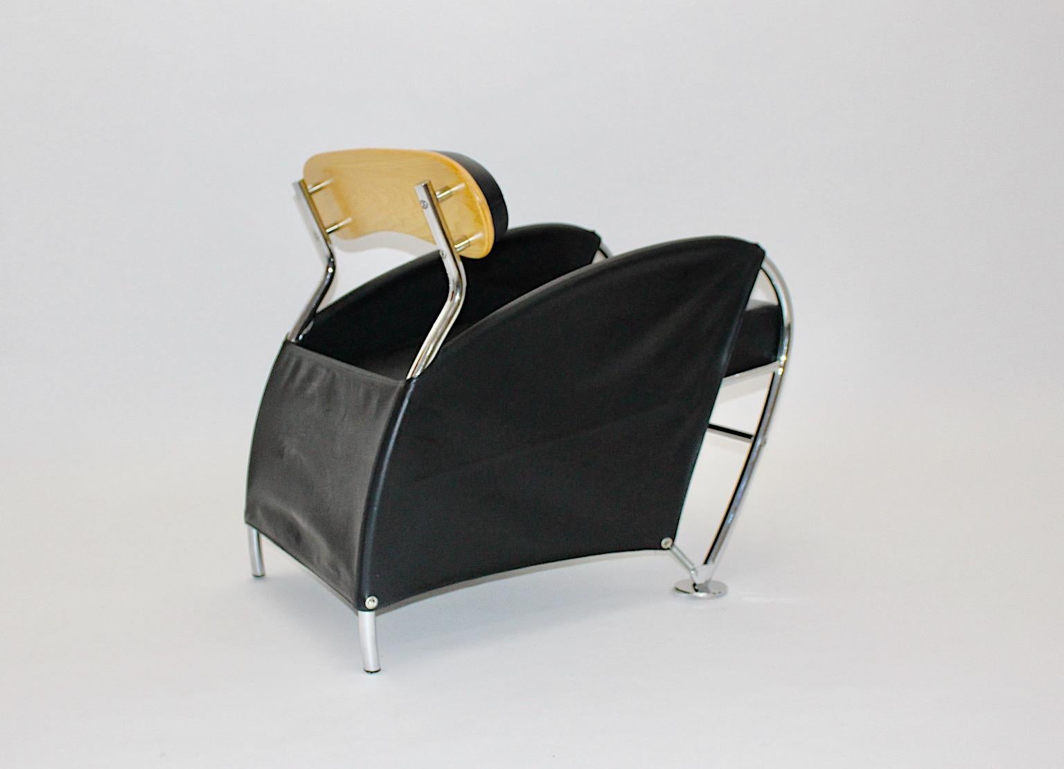 Late 20th Century Italian Modern Memphis Style Arm Chair Black Leather Chrome Massimo Iosa Ghini For Sale